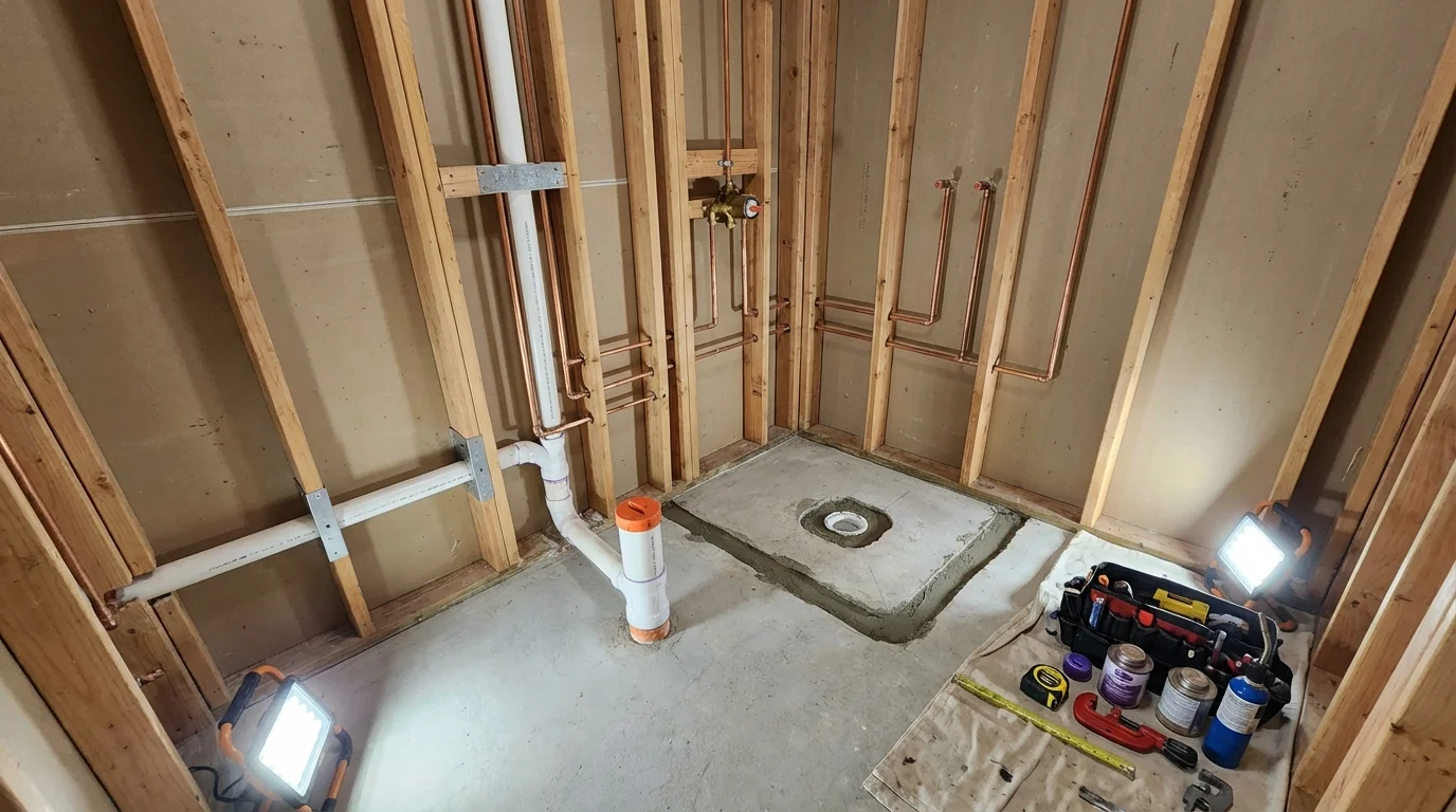 Bathroom rough-in plumbing during remodel by Johns Plumbing LLC in Ponce