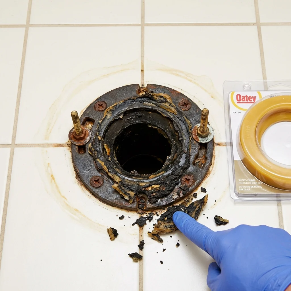 Failed wax ring showing water seepage at the base of a toilet in a Ponce, PR home